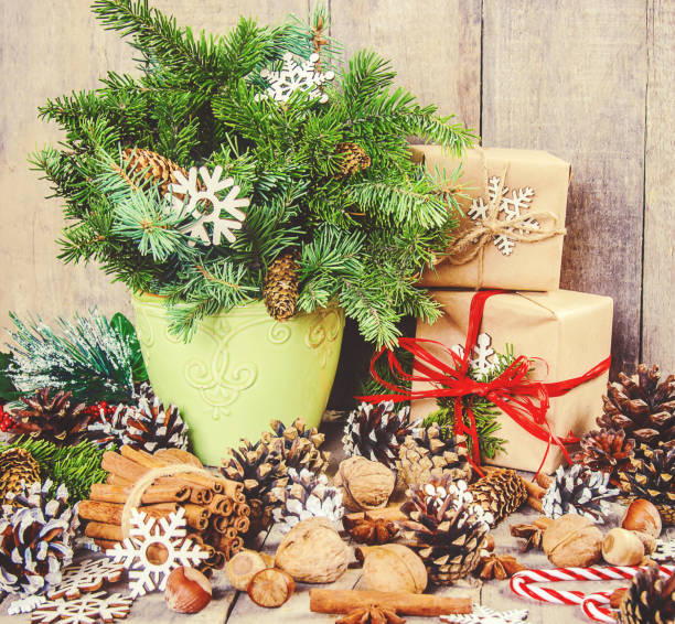 Wooden background with gifts. Selective focus. Decor.