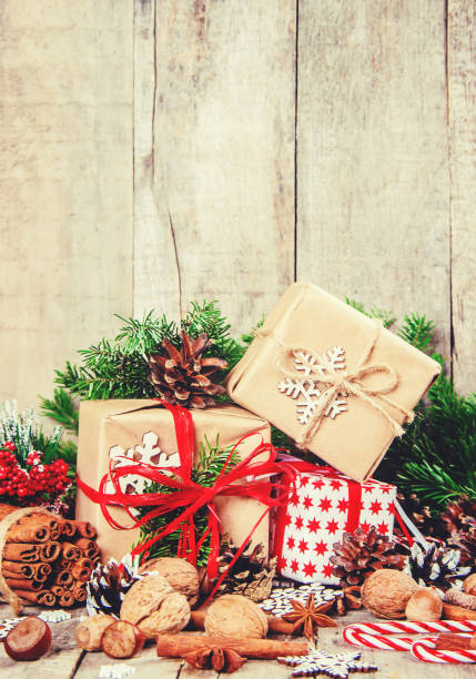 istock Wooden background with gifts. Selective focus. Decor. 1067153302