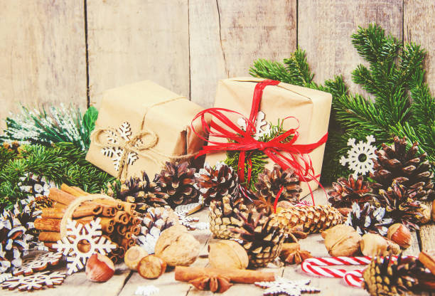 istock Wooden background with gifts. Selective focus. Decor. 1067153384