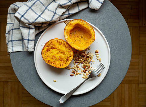 Roasted Spaghetti Squash with Garlic Herb Butter directly above with copy space