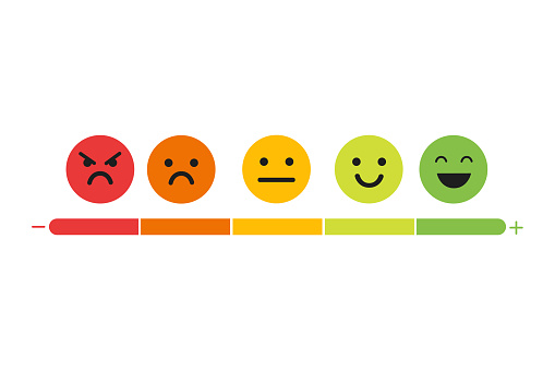 We want your feedback. Badge, stamp with happy and unhappy faces icons. .