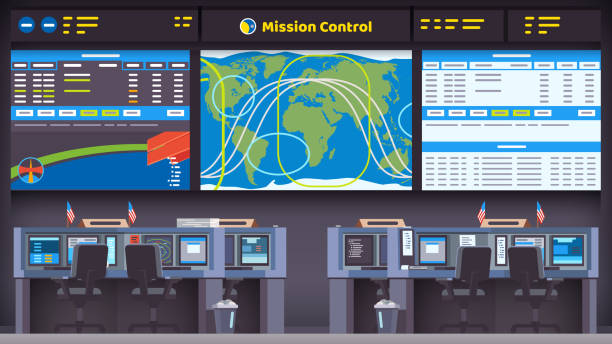 illustrations, cliparts, dessins animés et icônes de vol spatial, lancement & atterrissage mission salle avec grand écran avec les paramètres orbitaux de fusée et trajectoires de contrôle. plat style vecteur isolé - space surveillance