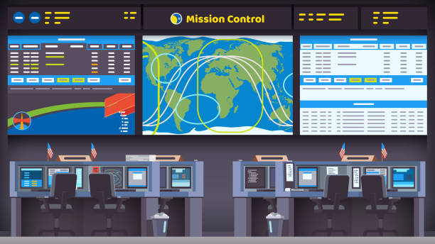Space flight, launch & landing mission control room with big screen with rocket orbital parameters and trajectories. Flat style isolated vector Orbital space flight mission control center room interior with satellite tracking display screen, flight data panel & empty scientist workplace seat with desks & computers. Flat vector illustration control room stock illustrations