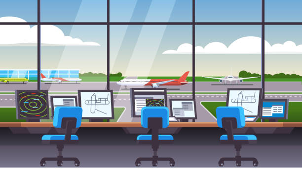 航空交通管制塔インテリア コンピューター端末、無線機、民間航空機と空港を眺め。フラット スタイルの分離ベクトル - air traffic control tower点のイラスト素材／クリップアート素材／マンガ素材／アイコン素材
