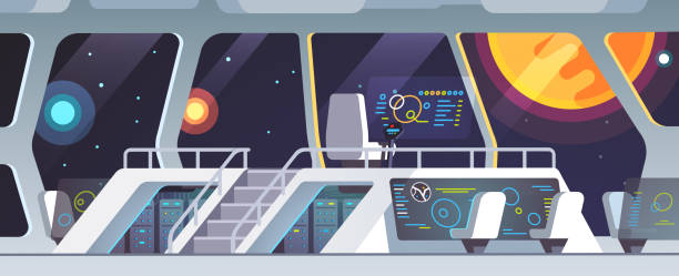 Spaceship main deck with big windows. Inside science fiction intergalactic space ship deck with transparent touch screens and crew chairs. Flat style isolated vector Interstellar spaceship main bridge interior big window view at nearby star. Inside science fiction intergalactic space ship deck with transparent touch screens and crew chairs. Flat vector illustration control room nasa stock illustrations