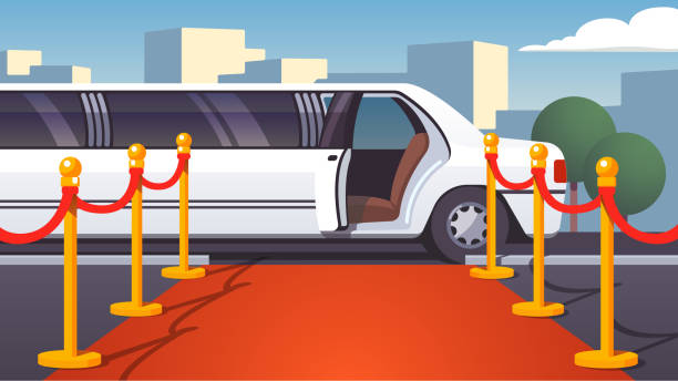 Long limousine arrived to red carpet event roped off. Luxury ride limo with opened door on cityscape background. Celebrity arrival, vip party, famous guest welcome template. Flat style isolated vector Empty red event carpet with rope barrier. Luxury ride limousine with opened door on cityscape background. Celebrity arrival, vip party and famous guest welcome template. Flat vector illustration celebrity limo stock illustrations