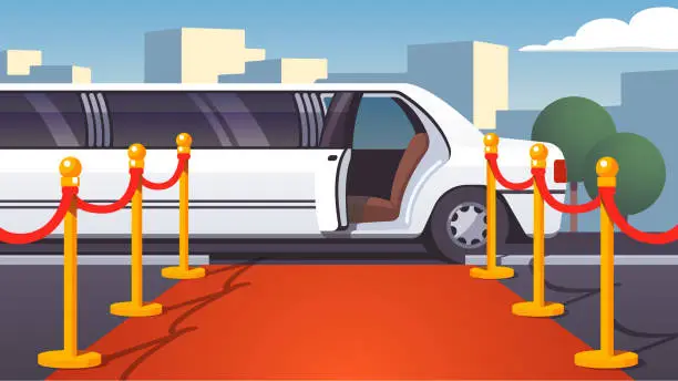 Vector illustration of Long limousine arrived to red carpet event roped off. Luxury ride limo with opened door on cityscape background. Celebrity arrival, vip party, famous guest welcome template. Flat style isolated vector