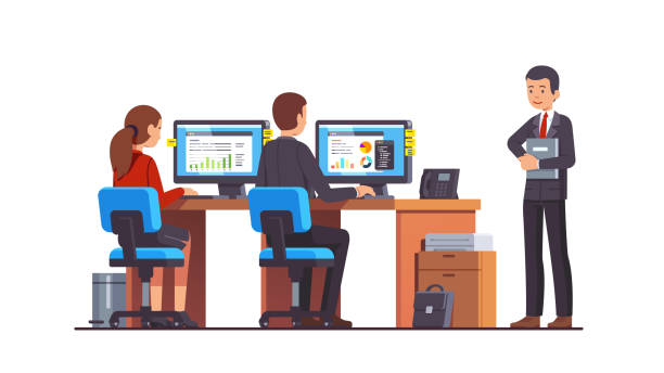 Two corporate business analysts employees man and woman working with data charts using pc's sitting at their desks. Supervisor manager looking at them. Flat style isolated vector Supervisor manager or boss executive holding document folder watching at two analyst employees working at their desks & desktop computers doing work. Flat style vector illustration financial advisor illustrations stock illustrations