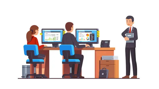 Vector illustration of Two corporate business analysts employees man and woman working with data charts using pc's sitting at their desks. Supervisor manager looking at them. Flat style isolated vector