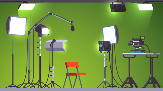 Green screen television studio with stage lighting equipment, microphone with stand and professional camera on rails. Video production and broadcasting. Flat style vector illustration isolated