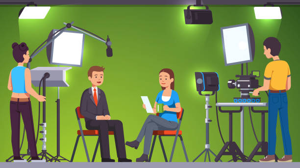 News television show live recording & broadcasting in professional video production studio set room with green background, lighting equipment, spotlights and cameras operated by cameramen shooting crew. TV host man talking to guest journalist woman taking TV live news show host interview. Television presenters, cameraman video camera shooting crew. Broadcasting production studio set, stage light equipment, green background. Flat vector illustration interview camera stock illustrations