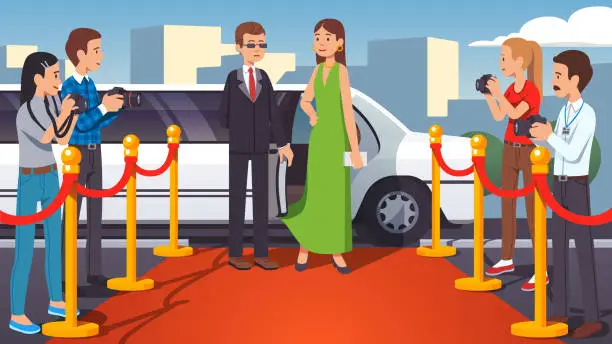 Vector illustration of Celebrity star woman arrived at red carpet party event with roped off walkway exiting open door of luxury limousine guarded by bodyguard and photographed by paparazzi photographers. Flat style isolated vector
