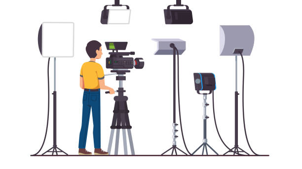 Video & movie production studio lighting equipment, spotlights & floodlights, camera operated by cameramen. Flat style isolated vector Working cameraman shooting with professional video camera on stand. Television productions studio with stage lighting equipment, softbox, LED, spot, continuous, flood lights. Flat vector illustration tripod vector stock illustrations