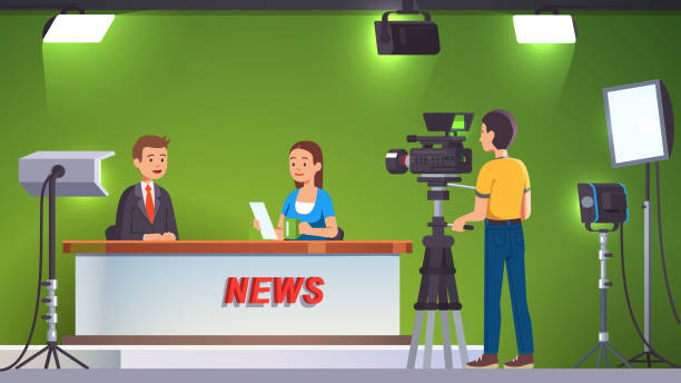 News television show live recording & broadcasting in professional video production studio set room with green background, lighting equipment, spotlights and camera operated by cameramen. TV host man talking to guest journalist woman sitting at desk takin TV live news show host interview. Television presenters, cameraman video camera shooting crew. Broadcasting production studio set, stage light equipment, green background. Flat vector illustration pre press stock illustrations