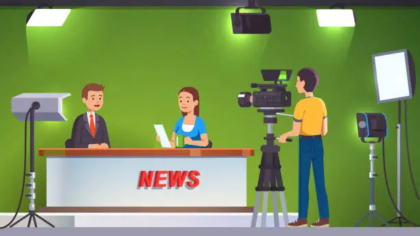 Vector illustration of News television show live recording & broadcasting in professional video production studio set room with green background, lighting equipment, spotlights and camera operated by cameramen. TV host man talking to guest journalist woman sitting at desk takin