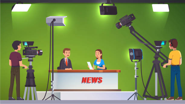 News television show live recording & broadcasting in professional video production studio set room with green background, lighting equipment, spotlights and cameras operated by cameramen shooting crew. TV host man talking to guest journalist woman sittin TV live news show host interview. Television presenters, cameraman video camera shooting crew. Broadcasting production studio set, stage light equipment, green background. Flat vector illustration interview camera stock illustrations