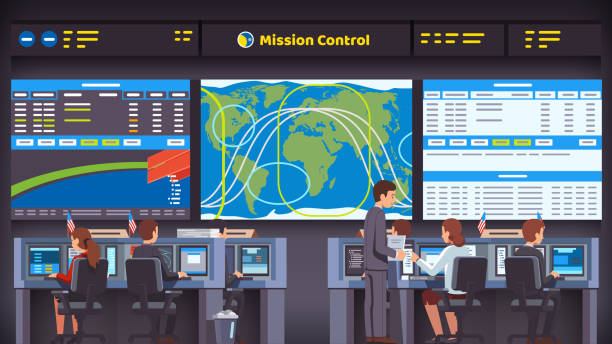 Space flight center room interior with working personnel engineer team sitting at desks looking at big screen. Mission control orbital parameters and trajectories overseeing rocket launch, flight and landing. Flat style isolated vector Orbital space flight mission control center room interior. Engineers people working at their desks & computers overseeing rocket launch, flight and landing. Flat style vector illustration control room stock illustrations