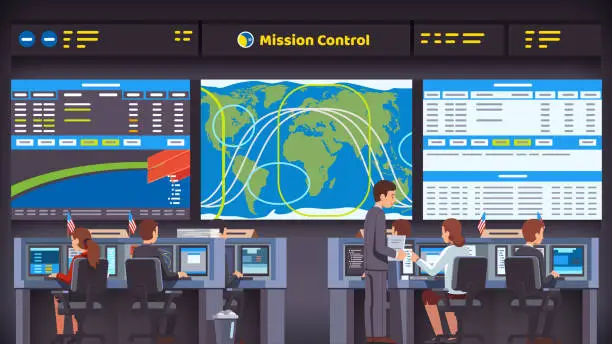 Vector illustration of Space flight center room interior with working personnel engineer team sitting at desks looking at big screen. Mission control orbital parameters and trajectories overseeing rocket launch, flight and landing. Flat style isolated vector