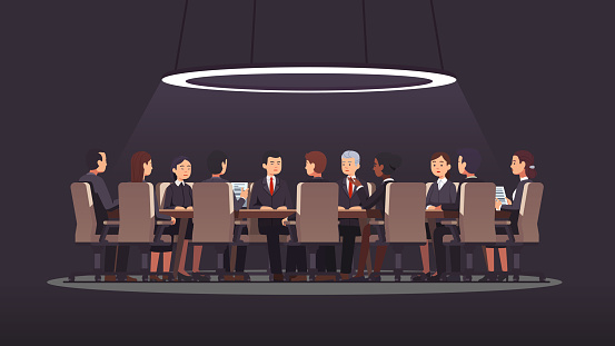 Shadow government conspiracy meeting talks at big war room round table. Corporate authority headquarters international negotiations. Discussing global strategy and security. Flat vector illustration