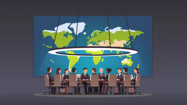 Vector illustration of Corporate business man & women people sitting at round table in big board room. Politicians & executive officers group discussing strategy. Big war room with world map. Conference hall, boardroom or meeting room. Flat style isolated vector