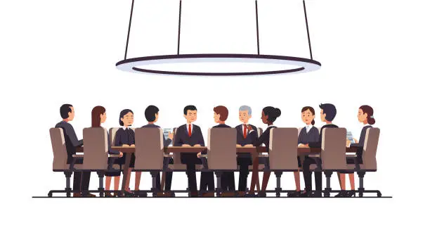 Vector illustration of Corporate business man & women people group sitting at big round table. Government politicians & executive officers or directors board discussing strategy. Conference, boardroom or meeting room. Flat style isolated vector