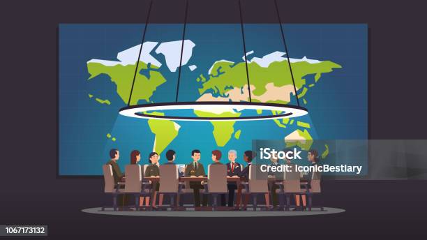 Military Political Authority Group Discussing Strategy Sitting At Big Round Table In Conference War Room With World Map Politician And Government Ranks Meeting Flat Style Interior Isolated Vector Stock Illustration - Download Image Now