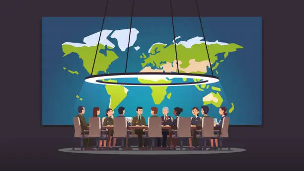 Vector illustration of Military & political authority group discussing strategy sitting at big round table in conference war room with world map. Politician and government ranks meeting. Flat style interior isolated vector