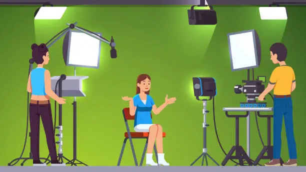 Vector illustration of News television show live recording & broadcasting in professional video production studio set room with green background, lighting equipment, spotlights and cameras operated by cameramen shooting crew. Journalist woman talking. Flat style isolated vector