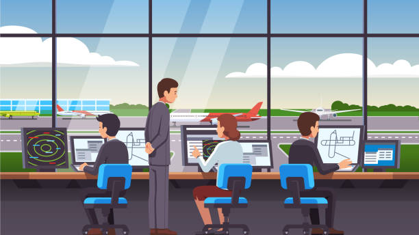 illustrazioni stock, clip art, cartoni animati e icone di tendenza di i controllori lavorano all'interno della torre di controllo del traffico aereo dell'aeroporto seduti ai monitor dei computer e guardano attraverso la finestra gli aerei commerciali. vettore isolato in stile piatto - air traffic control tower