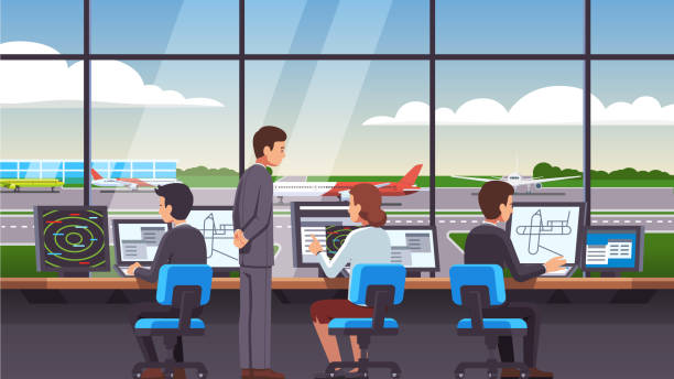 コント ローラーはチーム空港航空交通管制塔内部コンピューターのモニターに座っていると、旅客機の窓を通して見るで働く人々 です。フラット スタイルの分離ベクトル - command center点のイラスト素材／クリップアート素材／マンガ素材／アイコン素材