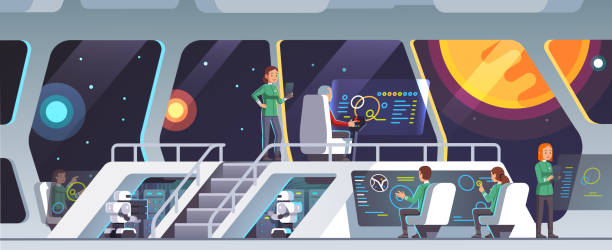 Inside science fiction intergalactic spaceship interior traveling through galaxy. Main bridge deck with captain sitting in chair. Flat style isolated vector Interstellar spaceship main bridge interior with captain, chief officer and crew working. Inside science fiction intergalactic pioneers ship deck. Space travelers on mission. Flat vector illustration space exploration illustrations stock illustrations
