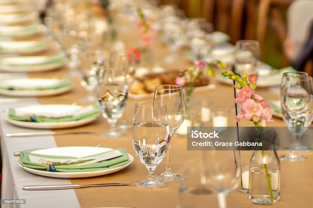 Contemporary Elegant Wedding Tablescape Table at wedding reception. Luxury Stock Photo