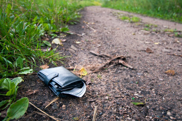 Lost leather wallet with money drop on sidewalk , lost money concept, copy space on top. Lost leather wallet with money drop on sidewalk , lost money concept, copy space on top. discover card stock pictures, royalty-free photos & images