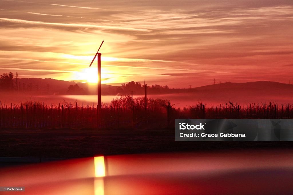 Dramatic Orange Sunrise Sunrise in Petaluma with windmill pictured. Fog Stock Photo