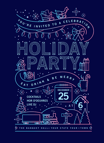 Vector illustration of a modern Holiday Christmas Party Invitation Design Template with line art icons. Fully editable and customizable.
