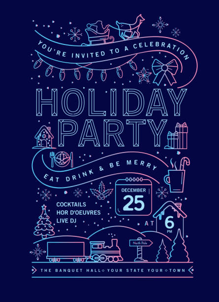 Holiday Christmas Party Invitation Design Template with line art icons Vector illustration of a modern Holiday Christmas Party Invitation Design Template with line art icons. Fully editable and customizable. christmas santa tree stock illustrations