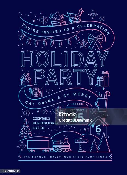 Holiday Christmas Party Invitation Design Template With Line Art Icons Stock Illustration - Download Image Now