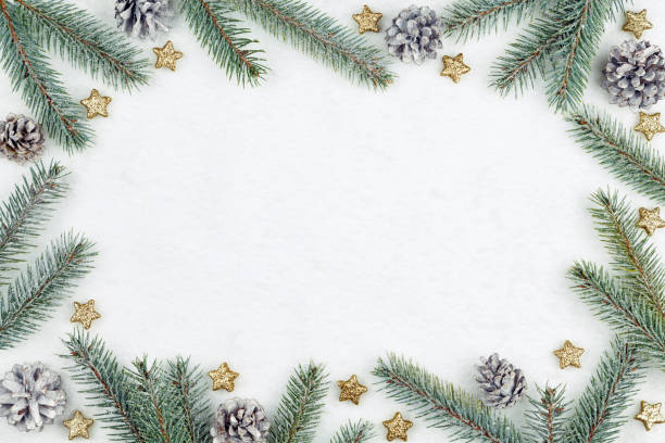 istock Snow background with christmas decoration and fir branches 1067182014