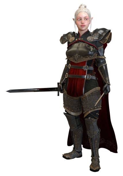 istock Woman elf warrior with swords isolated on white background 3D illustration 1067183580