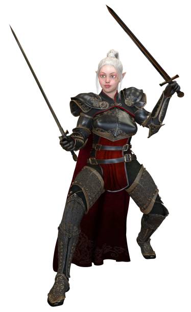 istock Woman elf warrior with swords isolated on white background 3D illustration 1067183586