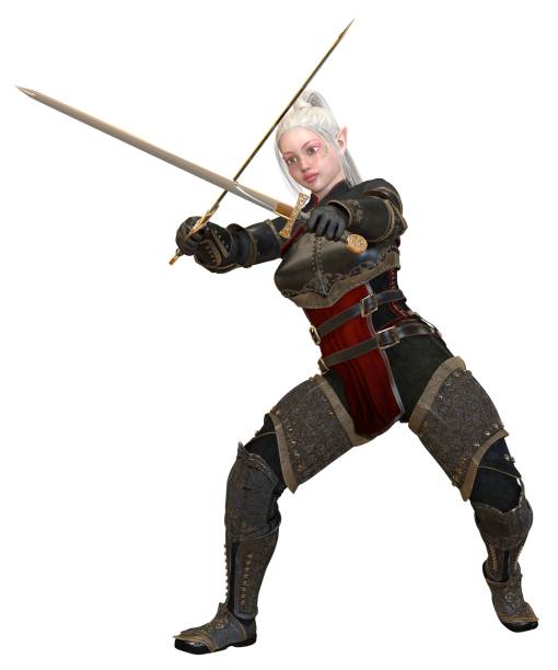istock Woman elf warrior with swords isolated on white background 3D illustration 1067183590
