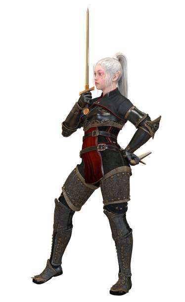 istock Woman elf warrior with swords isolated on white background 3D illustration 1067183598