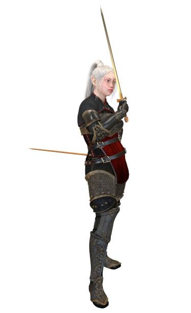istock Woman elf warrior with swords isolated on white background 3D illustration 1067183602