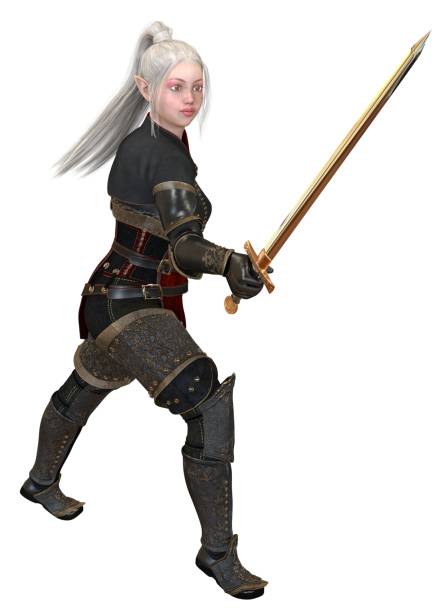 istock Woman elf warrior with sword isolated on white background 3D illustration 1067183608