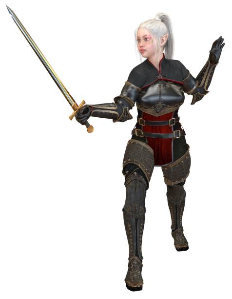 istock Woman elf warrior with swords isolated on white background 3D illustration 1067183616