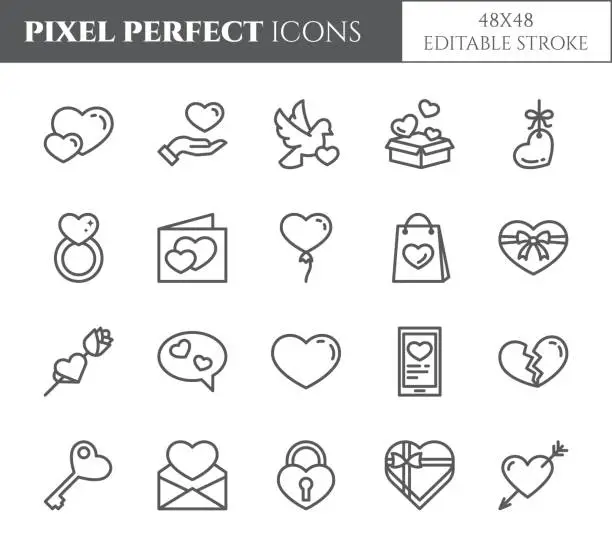 Vector illustration of Love and Valentines Day theme line icons with editable stroke isolated on white background.