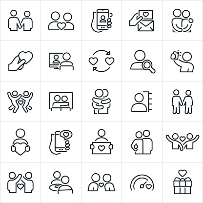 A set of dating and relationships icons. The icons include couples, two people holding hands, a couple in love, online dating, dating, love note, couple holding each other, a heart, online chat, selfie, date, movies, profile, chatting, eating, sitting at a table together, hugging, leaning in for a kiss and a romantic gift to name a few.