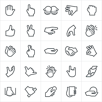 Common hand signals and gestures. The gestures are commonly used for non-verbal communication and include pointing, stopping, holding, grabbing, thumbs up, peace sign, clapping, high-five and grasping to name a few.