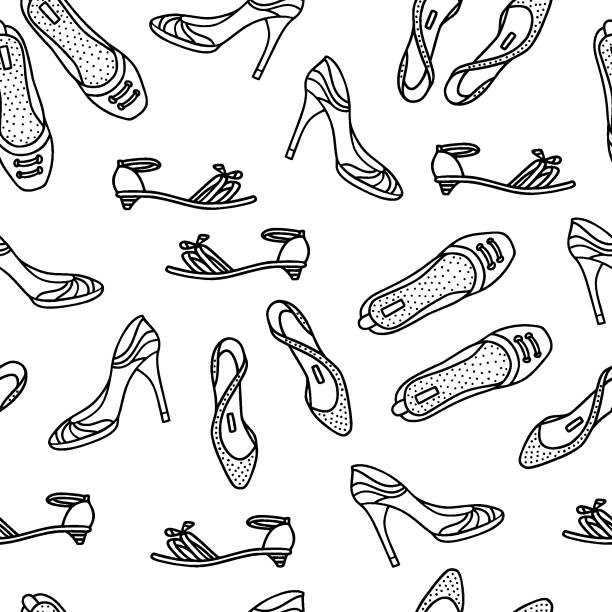 ilustrações de stock, clip art, desenhos animados e ícones de hand drawn shoes for girl and woman. seamless pattern - shoe women fashion shoe store