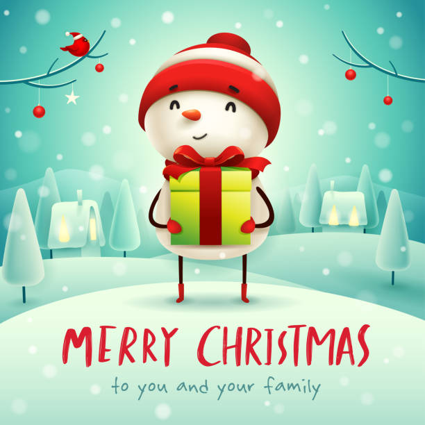 istock Merry Christmas! Cheerful snowman with gift present in Christmas snow scene winter landscape. 1067246214